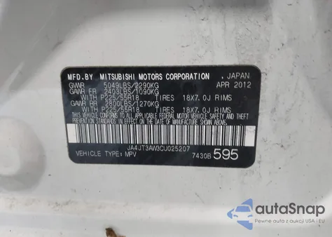 2012 Mitsubishi Outlander Se z USA, uszkodzony, nr VIN JA4JT3AW3CU025207